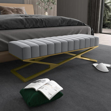 Modern Entryway Bench Gray Velvet Upholstered Ottoman Bench in Gold